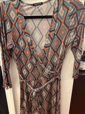 Janette Teal & Rust Geometric Wrap Dress